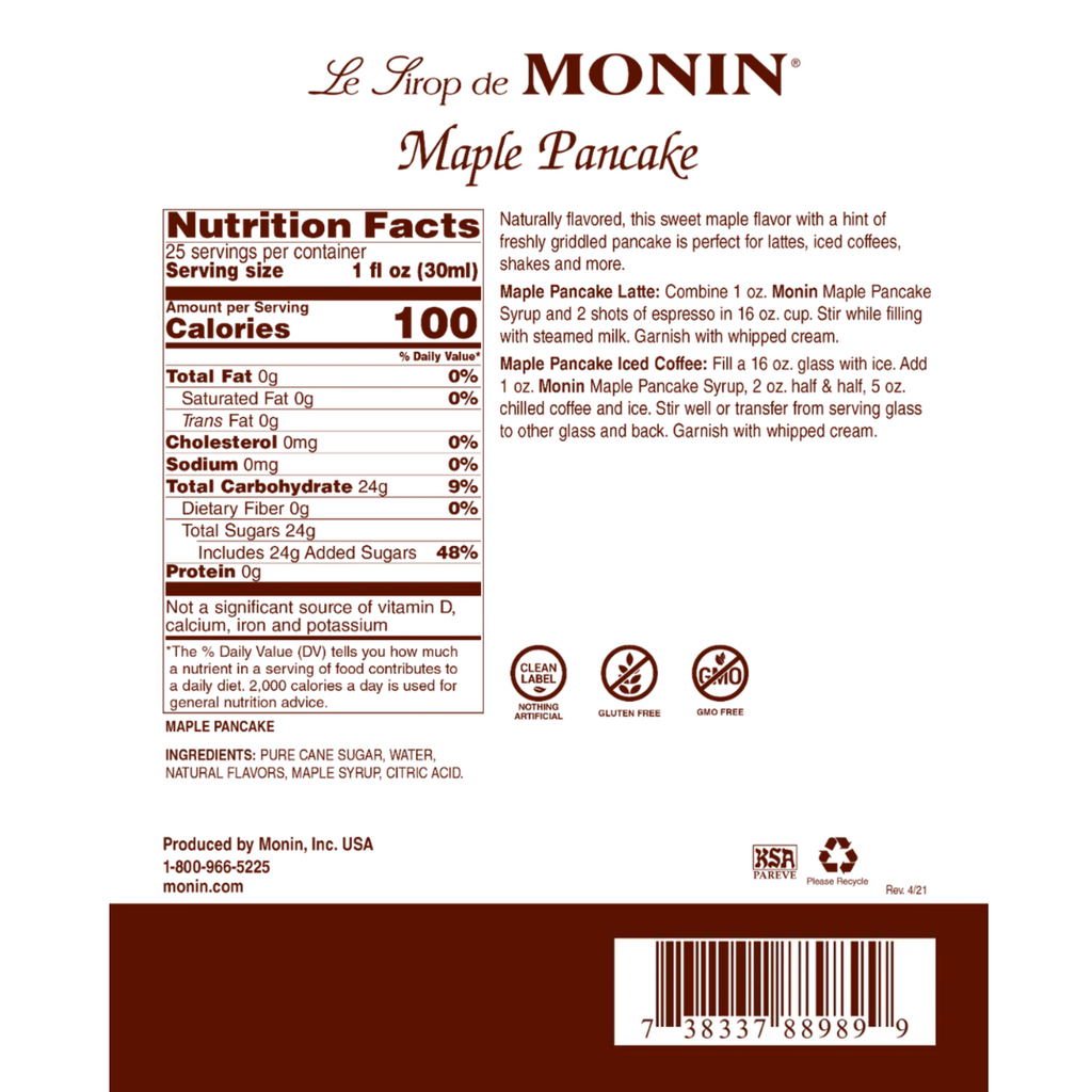 Monin Maple Pancake Syrup Nutrition Label